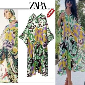 Zara printed chiffon long kaftan button front beach cover up green purple yellow
